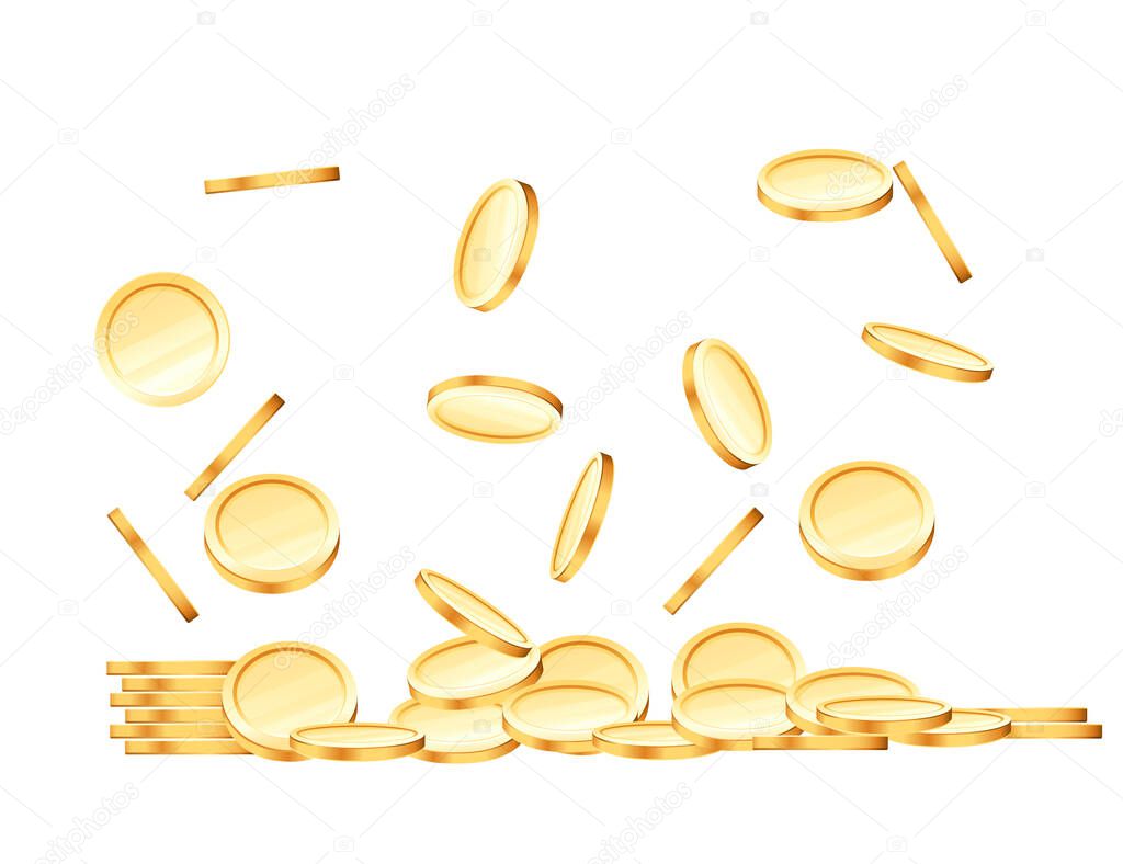 Rain of gold coins metal cash falling from top vector illustration on white background.