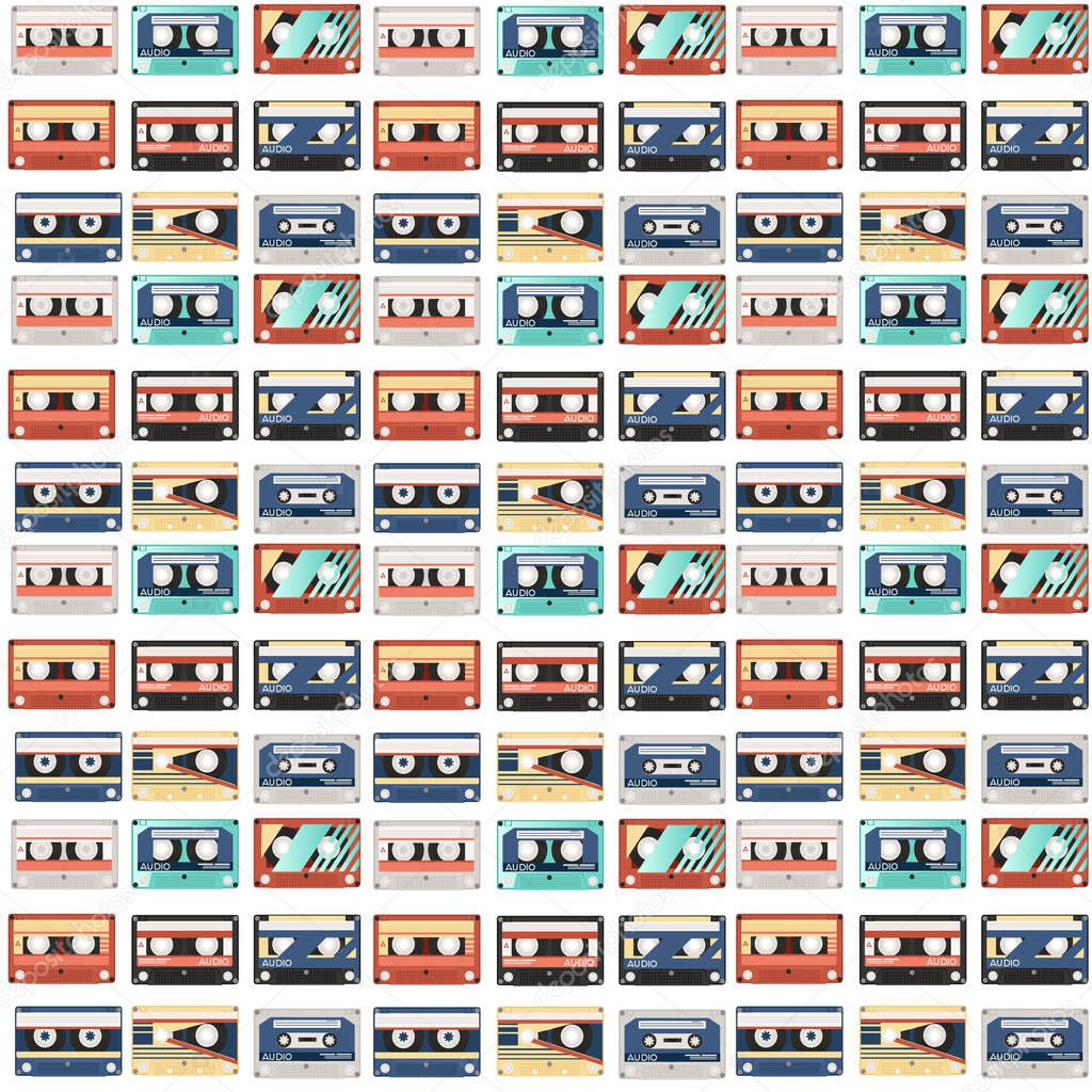Seamless pattern of retro audio cassettes with different colorful patterns vector illustration on white background.