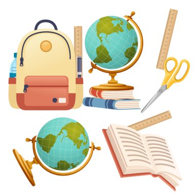 Sırt çantası tasarımı ve okul gereçleri kırtasiyesi düz vektör çizimi okula dönüş için beyaz arkaplan posteri