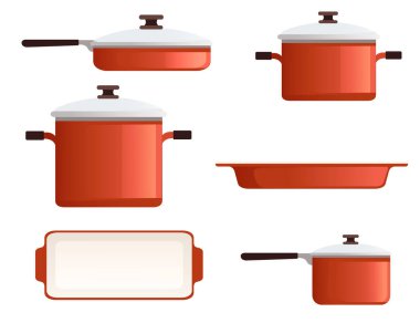 Mutfak tavası ve çanak çömlek mutfak gereçleri beyaz arka planda kırmızı renk vektör çizimi