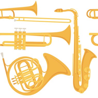 Saksafon ve klasik Fransız kornosu müzik aleti illüstrasyonunun kusursuz deseni