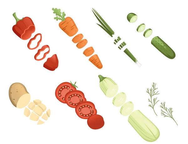 Ingredientes frescos picados para cocinar alimentos carne patata pimienta zanahoria vector ilustración sobre fondo blanco — Vector de stock