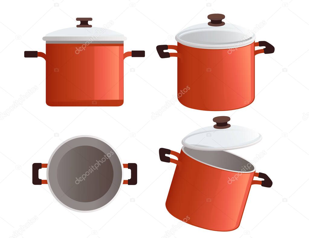 Set of stainless red saucepan with glass lid and wooden handle cooking equipment kitchenware vector illustration on white background