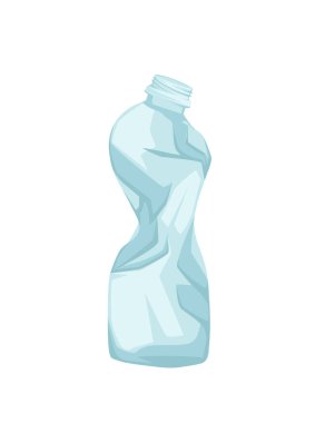 Plastik su şişesi çöpü beyaz arka planda şeffaf plastik düz vektör çizimi