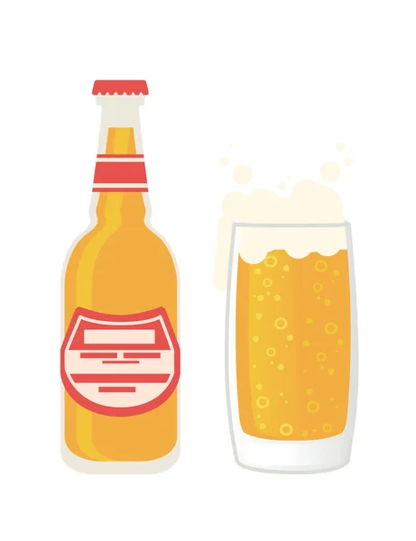 Transparentní pivní láhev s etiketou a skleněný hrnek pivo alkohol nápoj vektorové ilustrace na bílém pozadí — Stockový vektor