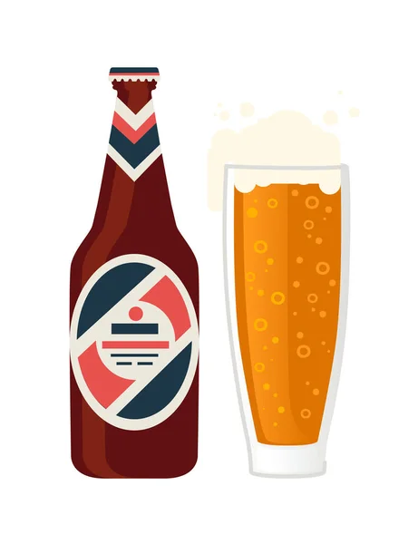 带有标签的棕色啤酒瓶和玻璃杯啤酒酒精饮料载体白色背景图解 — 图库矢量图片
