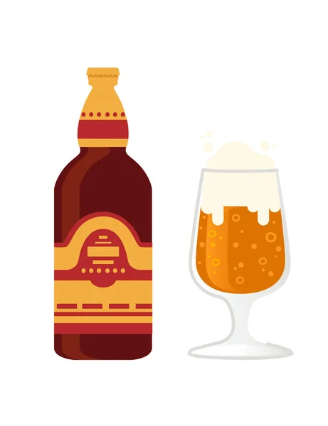 带有标签的棕色啤酒瓶和玻璃杯啤酒酒精饮料载体白色背景图解 — 图库矢量图片
