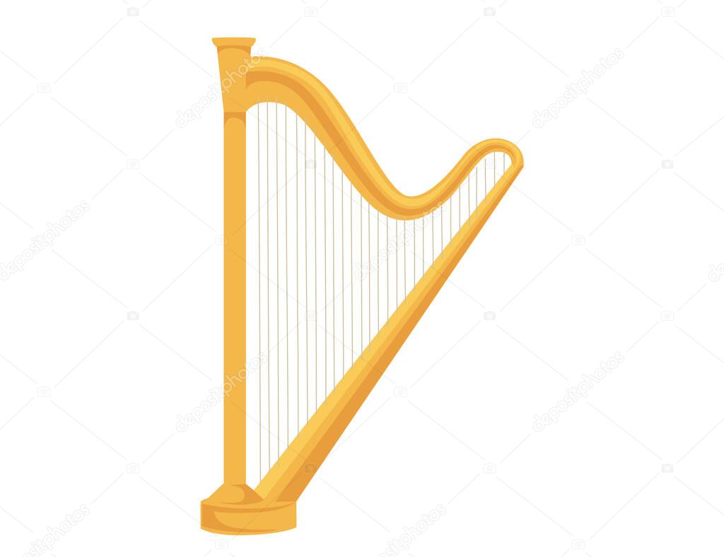 Classic golden greek harp flat vector illustration isolated on white background