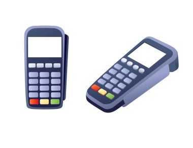 Depolama ödemelerinde POS Terminal kablosuz ödeme alımları beyaz arka planda e-ticaret vektör çizimi
