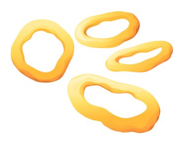 Kızarmış soğan halkaları, beyaz arka planda izole edilmiş bira fast food vektör çizimleri için lezzetli atıştırmalıklar.