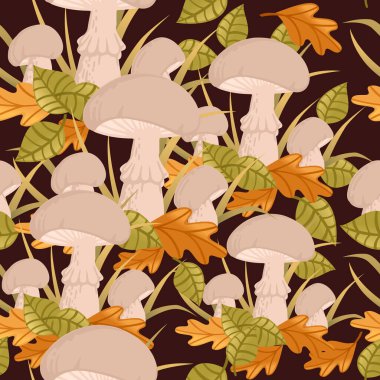 Kusursuz desenli beyaz yenilebilir mantarlar ormanda sarı ve yeşil yapraklı illüstrasyon ile büyür.