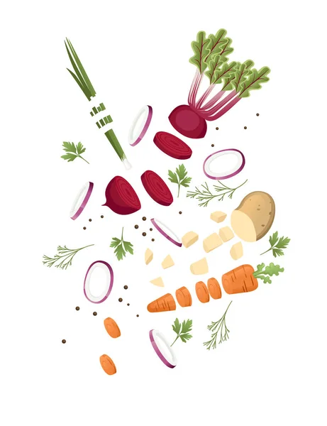 Verduras en rodajas con papas de remolacha y zanahoria coloreados iconos de alimentos para la ilustración vectorial de cocina aislado sobre fondo blanco — Vector de stock