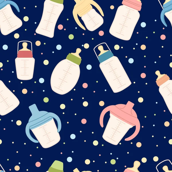 Seamless pattern of plastic transparent baby bottles with silicone nipples for feeding newborns flat vector illustration on blue dotted background