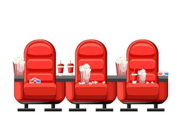 Rode bioscoop fauteuil met frisdrank popcorn en 3D bril vector illustratie op witte achtergrond — Stockvector