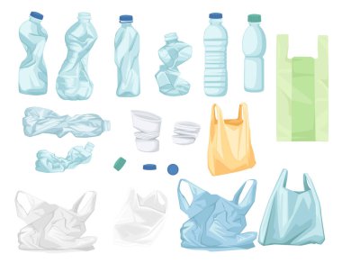Beyaz arkaplanda izole edilmiş plastik çöp torbaları ve şişeler ekoloji sorunlu vektör illüstrasyonunu geri dönüştürüyor