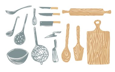 Beyaz arkaplanda mutfak gereçleri kümesi soyut biçim vektör çizimi