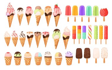 Farklı dondurma külahları ve farklı aromalı dondurmalar. Çikolatalı vanilya ve beyaz arka planda meyve vektör çizimleri.
