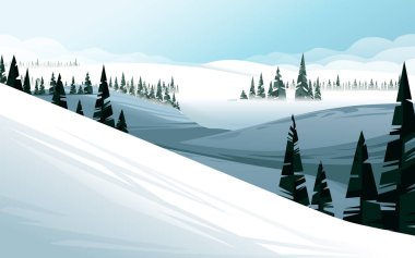 Yatay kış dağ manzarası köknar ormanı ve dağlarla kaplı kar vektörü resimlerini gösterir