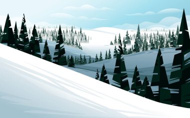 Yatay kış dağ manzarası köknar ormanı ve dağlarla kaplı kar vektörü resimlerini gösterir