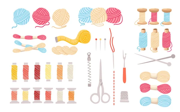 Jeu de fils pour couture au point de croix set outils pour coudre aiguilles à tricoter vecteur laine tricot fil tricot tricot tissage laine vecteur illustration sur fond blanc — Image vectorielle