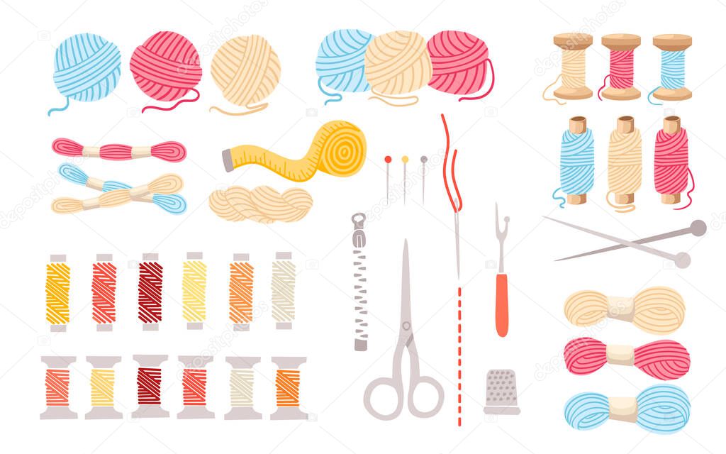Set of threads for sewing for cross stitching set tools for sewing knitting needles vector wool knitwear yarn thread knitting weaving wool vector illustration on white background