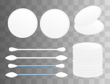 Pamuklu çubuk ve pamuklu çubuk seti insan cilt hijyen ürünleri için sağlıklı hijyen tomurcukları şeffaf arka planda vektör çizimi.