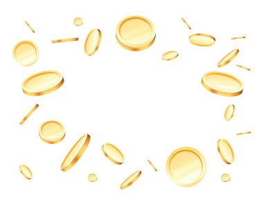 Beyaz zemin üzerinde merkez vektör illüstrasyonunda boş yeri olan altın sikkelerin patlaması.