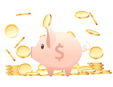 Düşen altın sikke yağmuruyla pembe kumbara beyaz arka planda vektör çizimi.