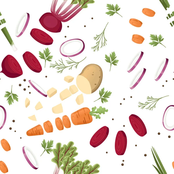 Bezešvé Vzor Krájená Zelenina Řepou Brambory Mrkev Barevné Potraviny Ikony — Stockový vektor