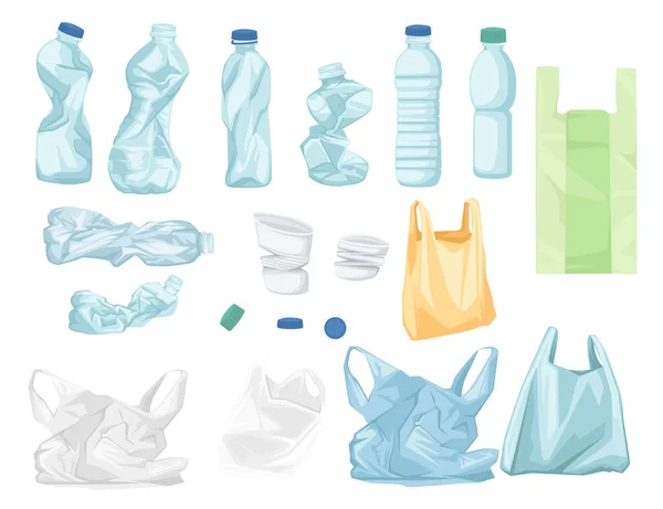 Conjunto de bolsas de basura de plástico y botellas de reciclaje ecología problema vector ilustración aislado sobre fondo blanco — Vector de stock