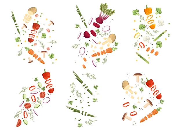 Conjunto de verduras en rodajas para cocinar sabrosa ilustración vectorial de alimentos aislados sobre fondo blanco — Vector de stock