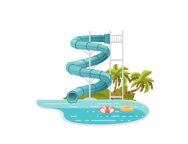 Renkli plastik vida kaydırakları ve beyaz arkaplandaki sahil vektör illüstrasyonunda palmiye ağacı olan havuzlu Waterpark illüstrasyonu.
