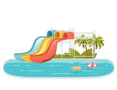 Renkli plastik vida kaydırakları ve beyaz arkaplandaki sahil vektör illüstrasyonunda palmiye ağacı olan havuzlu Waterpark illüstrasyonu.
