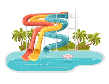 Renkli plastik vida kaydırakları ve beyaz arkaplandaki sahil vektör illüstrasyonunda palmiye ağacı olan havuzlu Waterpark illüstrasyonu.