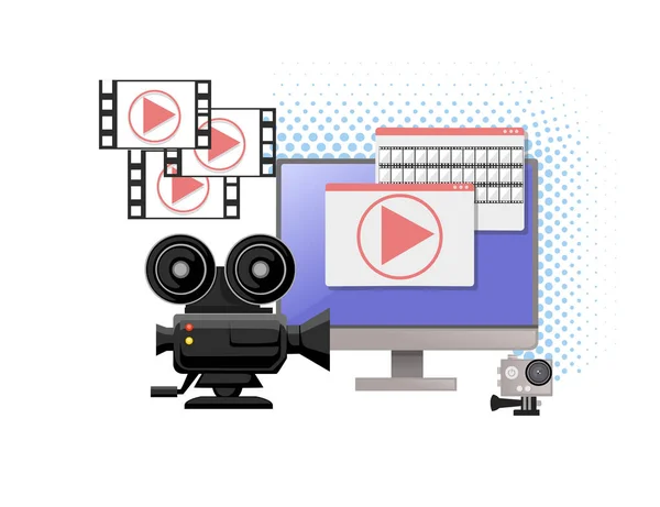 Produção Vídeo Filme Cinematografia Conceito Media Player Monitor Com Ferramentas —  Vetores de Stock