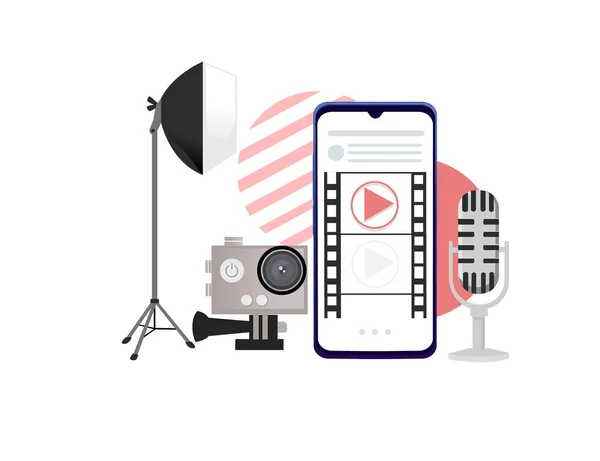 白い背景にプロのツールベクトルイラストとスマートフォン上のビデオや映画制作の撮影コンセプトメディアプレーヤー — ストックベクタ