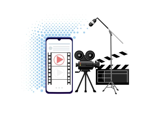 Produção Vídeo Filme Cinematografia Conceito Media Player Smartphone Com Ferramentas — Vetor de Stock