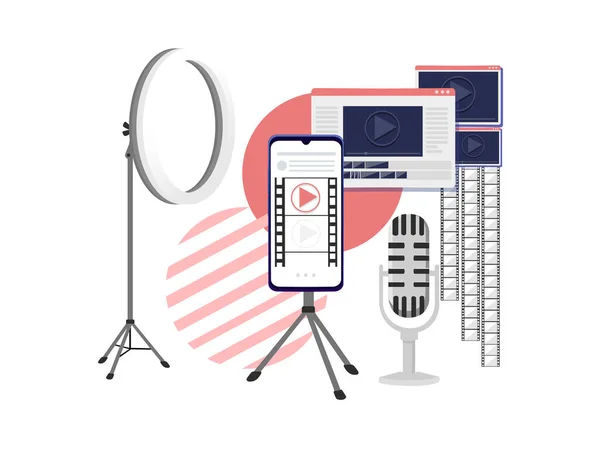 Концептуальный Медиа Плеер Видео Кинопроизводства Смартфоне Профессиональными Инструментами — стоковый вектор