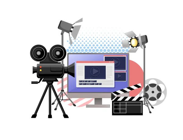 Video Eller Filmproduktion Cinematography Koncept Mediaspelare Bildskärm Med Professionella Verktyg — Stock vektor