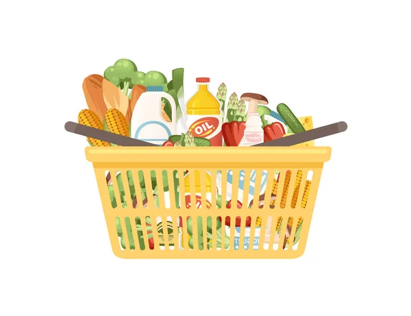 Żółty Plastikowy Koszyk Zakupów Świeżymi Zdrowymi Produktami Spożywczymi Przekąski Kiełbasa — Wektor stockowy