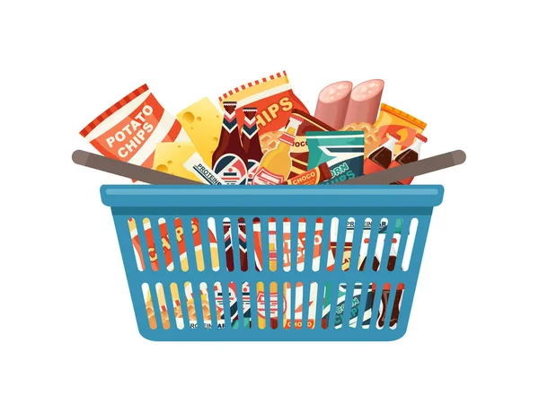 蓝色塑料购物篮 附有新鲜食品小吃 香肠和苏打水病媒图解 白色背景分离 — 图库矢量图片