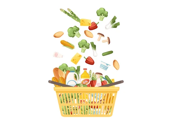 Żółty Plastikowy Koszyk Zakupów Świeżymi Zdrowymi Produktami Spożywczymi Przekąski Kiełbasa — Wektor stockowy