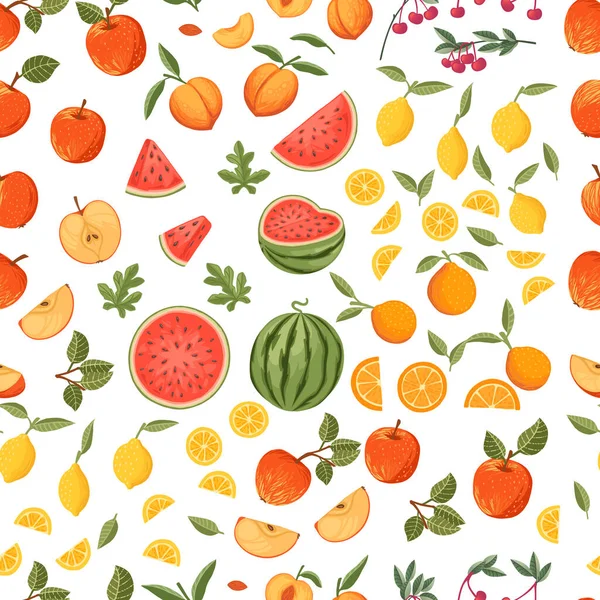 Colección Patrones Sin Costura Frutas Frescas Crudas Manzana Sandía Naranja — Vector de stock