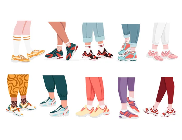 Collection Modern Sneakers Shoes Human Legs Colored Design Sports Casual — Stock Vector