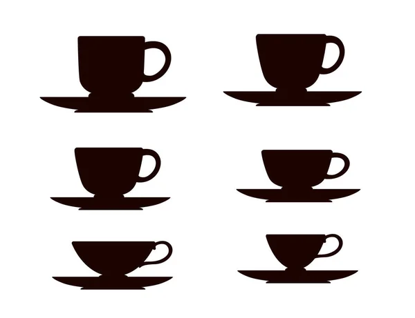 Schwarze Silhouette Set Tee Oder Kaffeetasse Auf Untertasse Vektor Illustration — Stockvektor