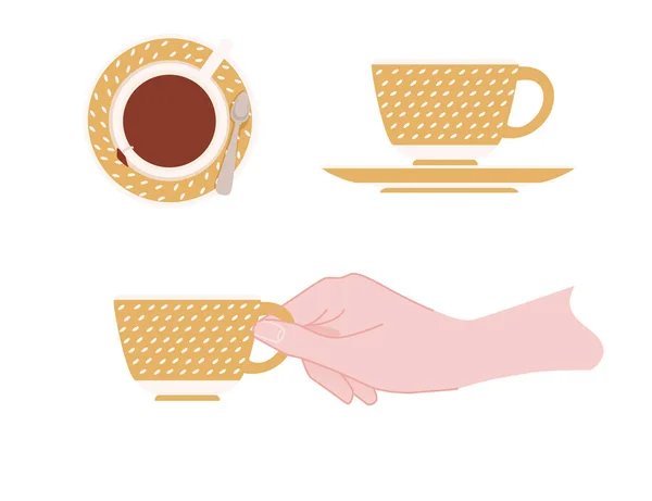 Mão Segurando Uma Xícara Cerâmica Com Padrão Amarelo Chá Disco — Vetor de Stock