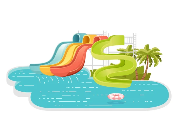Waterpark Illustration Colored Plastic Screw Slides Pool Palm Tree Shore — Stock Vector