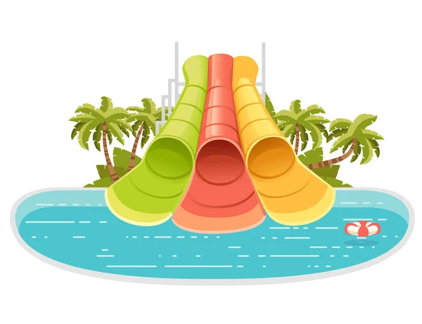 Waterpark Illustration Colored Plastic Screw Slides Pool Palm Tree Shore — Stock Vector