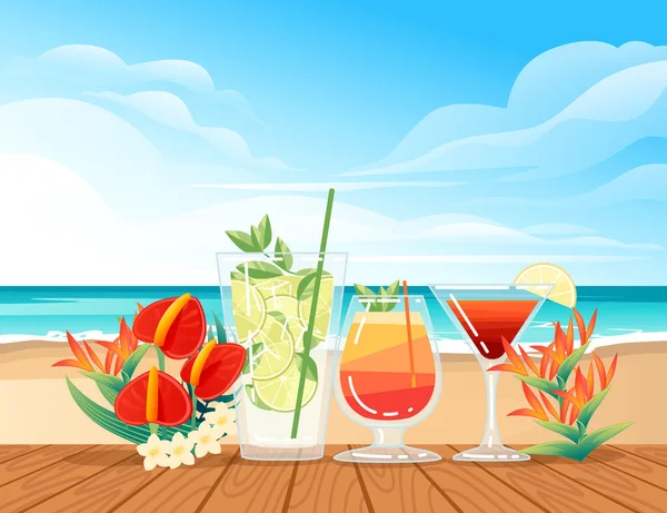 Drie Exotische Cocktails Transparant Glas Het Strand Met Tropische Bloemen — Stockvector