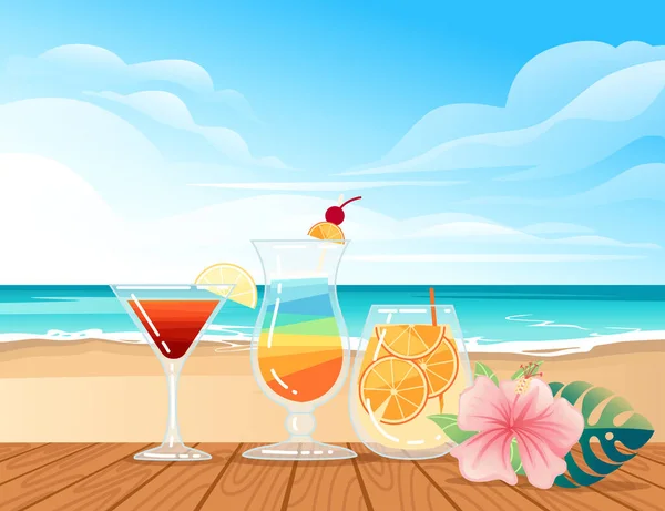 Trois Cocktails Exotiques Verre Transparent Sur Plage Avec Des Fleurs — Image vectorielle